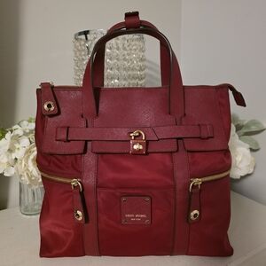 Red Leather/ Material Backpack by Henri Bendel